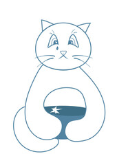 Sad cartoon cat illustration with empty bowl, emotional line art concept.