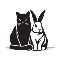 Elegant black cat and white rabbit illustration perfect for pet lovers, animal art, or whimsical designs.