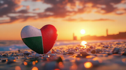 Madagascar Heart: A heart-shaped emblem of Madagascar, proudly displayed on a sandy beach at sunset, evoking feelings of national pride, and the beauty of travel