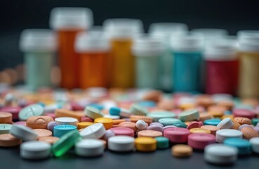 Photo of scattered prescription pills with medicine bottles on background. Symbolic illustration of opioid epidemic, drug addiction, overdose, healthcare. Abuse of medication. Healthcare problem.