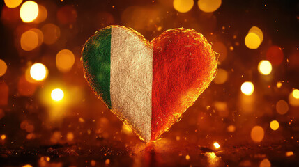 Italian Flag Heart: A textured, heartfelt symbol of the Italian flag in the shape of a heart, set against a bokeh backdrop of warm, inviting light, capturing the spirit of Italy.