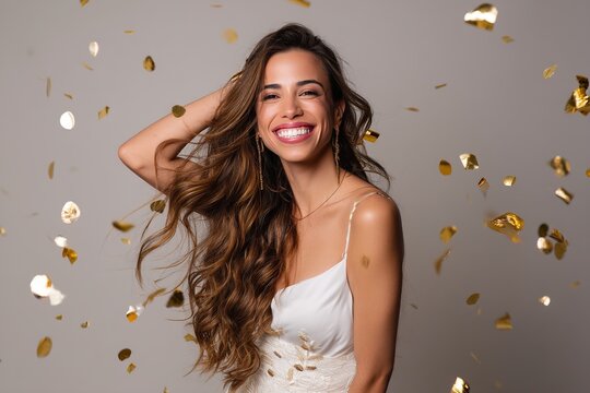 Joyful woman celebrates with confetti, radiant smile, and flowing brown hair.