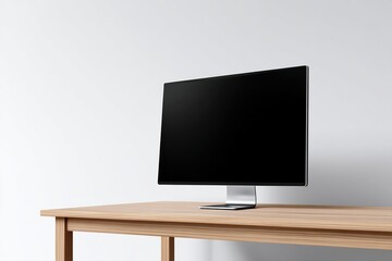 Sleek monitor on a light wood desk against a white wall, minimalist design.