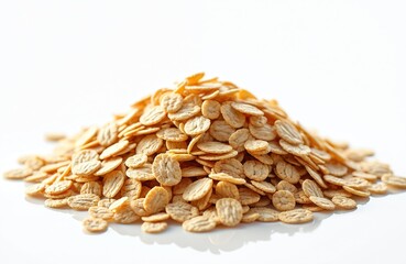 Pile of rolled oat flakes in transparent background. Oatmeal is perfect for breakfast, porridge, healthy food. Raw vegetarian ingredient for granola with high fiber for diet.
