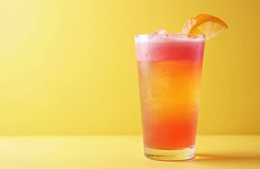 Glass of refreshing orange-pink cocktail, ice cubes, orange slice garnish, yellow background with copy space. Cold beverage for party, bar, club. Summer drinks, tropical cocktails, alcohol,