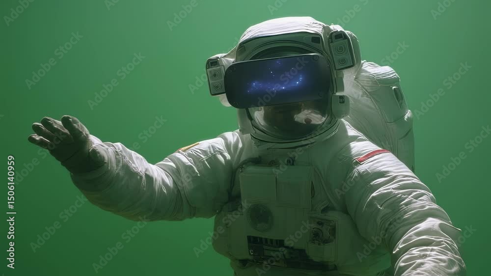 Wall mural astronaut wearing a virtual reality headset interacts with a simulation of space, gesturing with his
