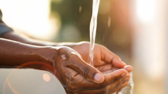 Hope in Handfuls: Clean Water flows into cupped hands, a precious resource for life, hygiene, amid global water crisis. 4K video, slow motion.