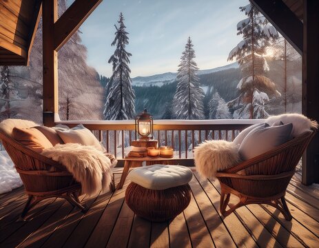 Winterliche Terrasse am Chalet mit Kuscheldecken und Schnee