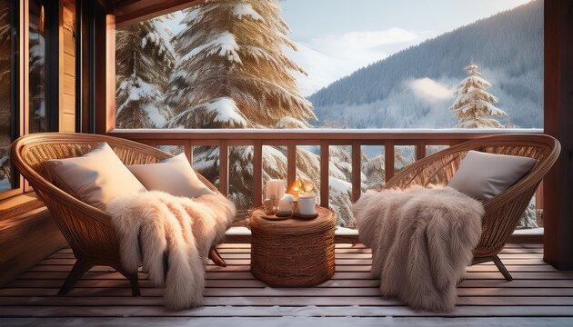 Winterliche Terrasse am Chalet mit Kuscheldecken und Schnee