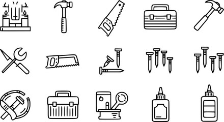 Obraz premium Construction tools icon set - linear style: hammer, saw, toolbox, nails, glue