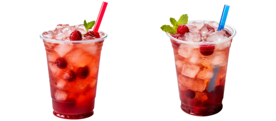 Red berry iced drink in plastic cups isolated on transparent background