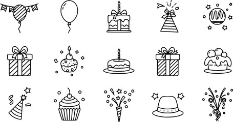 Celebration and party silhouette icon set – filled style festive, event, and birthday symbols for joyful occasions: balloon, cake, gift, hat, confetti, cupcake, streamers.