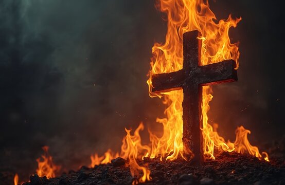 Burning cross in dark atmosphere. Flames engulf wooden cross, symbol of faith, religion. Anti-christian sentiment, protest. Religious persecution concept. War, conflict, hate, violence, intolerance,