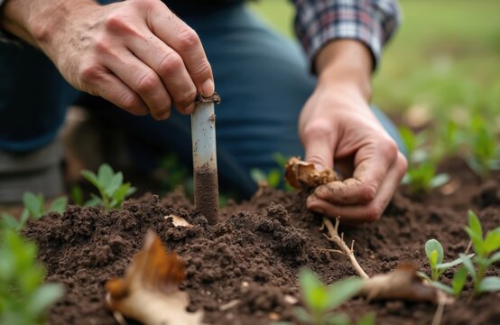 Farmer collects soil sample field. Agronomist examines soil carbon plant health. Soil testing for compost, organic matter analysis. Agricultural science, soil conservation practices, sustainable