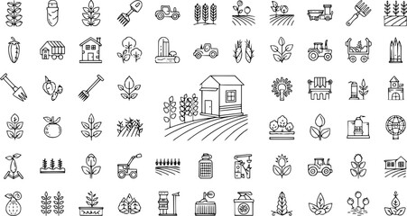 Agriculture and farming line icons set – outline, harvest, crops and cultivation symbols