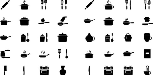 Cooking and kitchen solid icons set – silhouette, filled, culinary and recipe tools