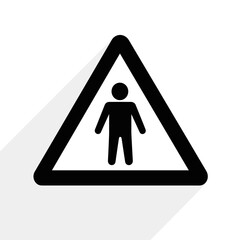 Warning sign with person icon and long shadow, representing caution, pedestrian, alert, safety, hazard, risk, danger, signage, or road warning