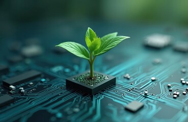 Green plant growing from circuit board, illustrating tech, nature eco concept. Modern technology, environmental care interaction. Digital, natural worlds merging, eco-friendly, sustainable innovation.