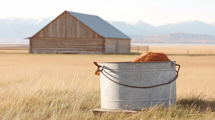 Obraz premium Whimsical rural scene featuring an animal in a bucket, set against a scenic backdrop. Evokes feelings of playfulness, innocence, and connection with nature. Use for charming blog posts
