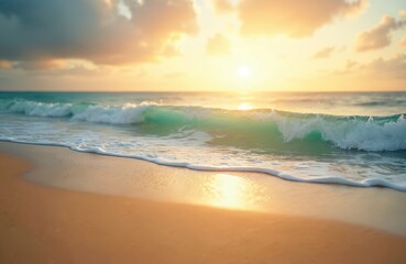 Obraz premium Serene sunset beach scene with ocean waves rolling ashore. Golden sand, turquoise water. Calm, peaceful, tranquil atmosphere. Tropical vacation destination. Horizon, sky, sun creating warm light,