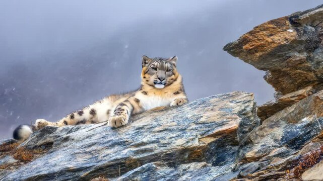 Majestic Snow Leopard Resting on Rocky Ledge in Snowy Mountain Habitat with Fur Pattern in Cold Weather Natural Light with Mountain Background