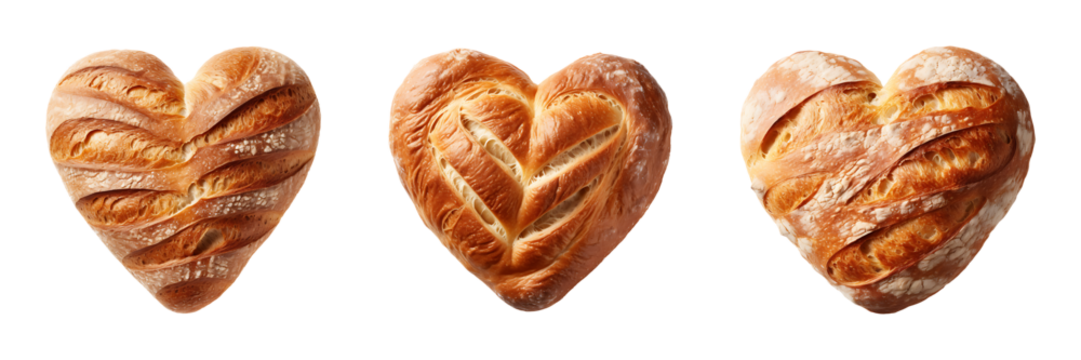 Set of heart shaped breads isolated on transparent background