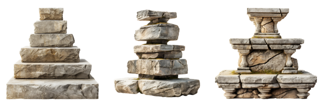 Set of high stone trapeze towers on a pedestal isolated on transparent background