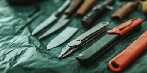 Various knives and multitools are arranged on a textured surface. Concept: tools, utility, craftsmanship