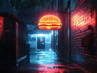 Neon Burger Sign in Rain: Cinematic capture of a glowing burger sign in a rainy urban alley, evoking a sense of late-night eats and gritty city life.