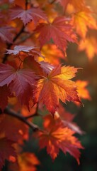 Autumn maple leaves close-up. Red, orange and yellow fall foliage. Bright season colors on tree branches. Nature background, fall season. Warm sunny light, sunny autumn day.