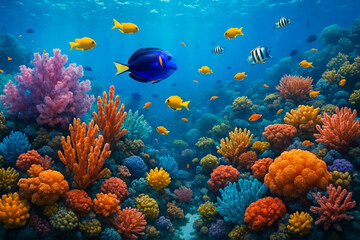 Naklejka premium Vibrant coral reef with yellow fish and blue tang, key in keeping reefs healthy by controlling algae. 