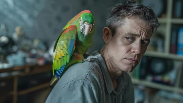 Chestnut fronted macaw resting peacefully on human shoulder, showcasing deep bond between pet owner and vibrant tropical bird in warm indoor setting