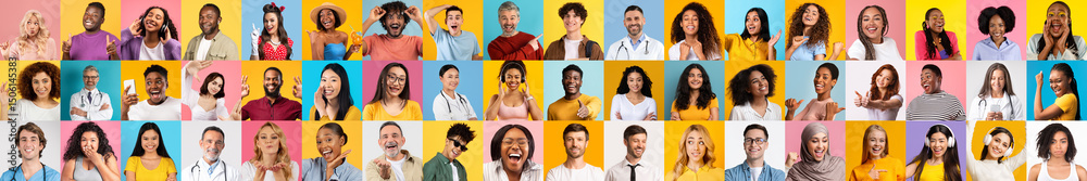 Poster a vibrant collection of portraits features individuals from various backgrounds, all displaying happ