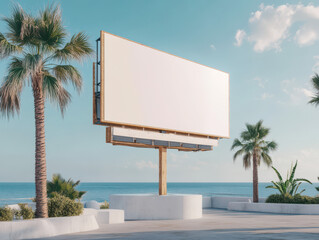 Billboard in Paradise: An eye-level perspective unveils a strategically placed billboard against a coastal backdrop, framed by swaying palm trees, under the vast expanse of a clear, azure sky.