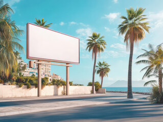 Billboard Advertisement by the Coast: A sleek, blank billboard stands prominently beside a scenic coastal road, inviting the viewer's attention amidst swaying palm trees and a tranquil ocean vista.