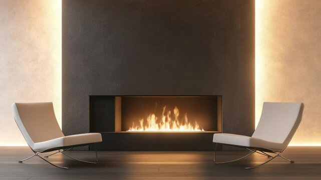 Modern minimalist living room featuring two sleek chairs facing a cozy fireplace with ambient lighting