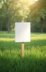 Blank yard sign stands tall green grass. Signboard display mockup for advertising. Empty space for text or logo, ideal for real estate business and promotions. Nature environment.