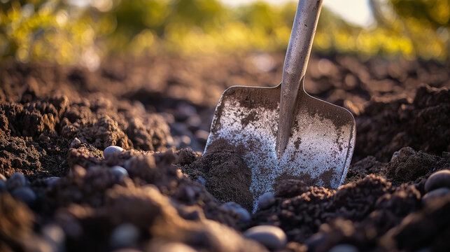 A metal shovel partially buried in rich soil on a farm, ready for digging or planting in an agricultural setting.
 - Powered by Adobe
