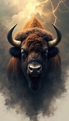 Naklejka premium Abstract bison head with storm clouds, lightning. Powerful animal with majestic horns, brown fur against dramatic background. Wild mammal portrait, nature, strength, wildlife, illustration for art