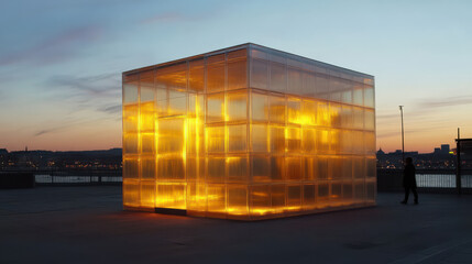 Obraz premium Glowing Cube Sculpture: A captivating translucent cube sculpture emitting a warm, inviting inner light. Situated outdoors against a twilight sky.