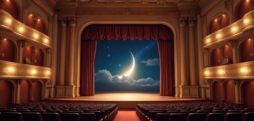 Classical theater scene with starry night backdrop, glowing moon. Majestic stage, plush red curtains, ornate gold details. Empty seats invite to drama performance, play, musical. Atmosphere of art,