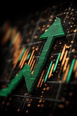 Green upward arrow indicating growth on a chart with bright highlights