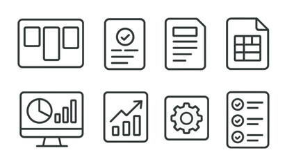 Project management outline icons set – linear, task planning, workflow symbols