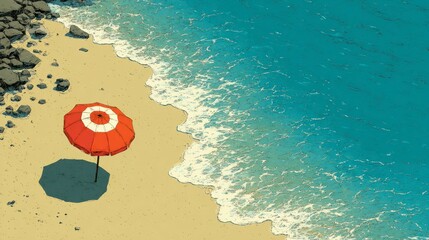 Obraz premium Solitary Beach Umbrella by the Ocean Waves Serene Coastal Scene with Vibrant Colors and Relaxi