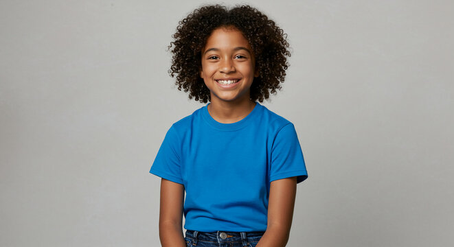 Smiling afro haired boy wearing blue shirt on gray background - Powered by Adobe