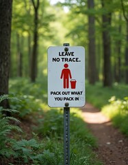 Sign in forest reminds Leave No Trace. Pack out what you pack in. Protect nature, environment, prevent pollution. Caution sign warns of responsibility, care. Green lush forest, path, eco lifestyle.