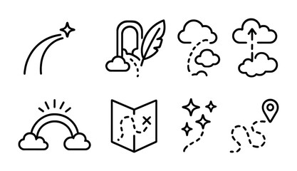 Fototapeta premium Journey and adventure line icons set – outline, map, travel path vectors