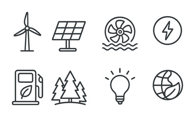 Eco-friendly energy outline icons set – renewable, sustainable, environment symbols