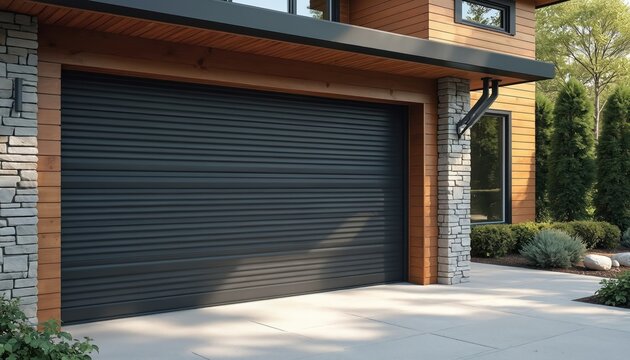 Modern residential home entrance with black roll-up garage door. Exterior facade with wooden siding and stone columns. Closed shutter protects home. Urban architecture detail.