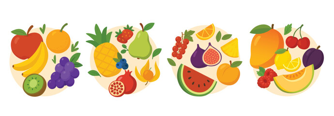 Collection of assorted fruits including apple, banana, kiwi, pineapple, pear, berries, fig, melon, and citrus slices. Flat vector illustration on white background. Healthy nutrition